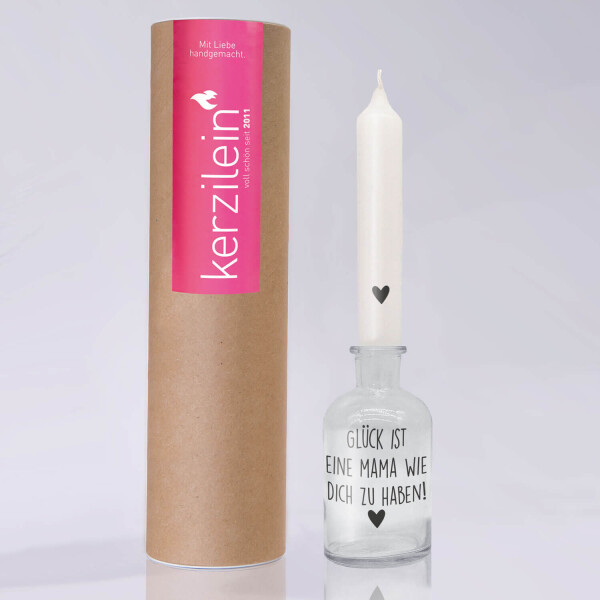 Mea Living Glas mit Stabkerze, weiß/anthrazit "GLÜCK IST EINE MAMA WIE DICH ZU HABEN"