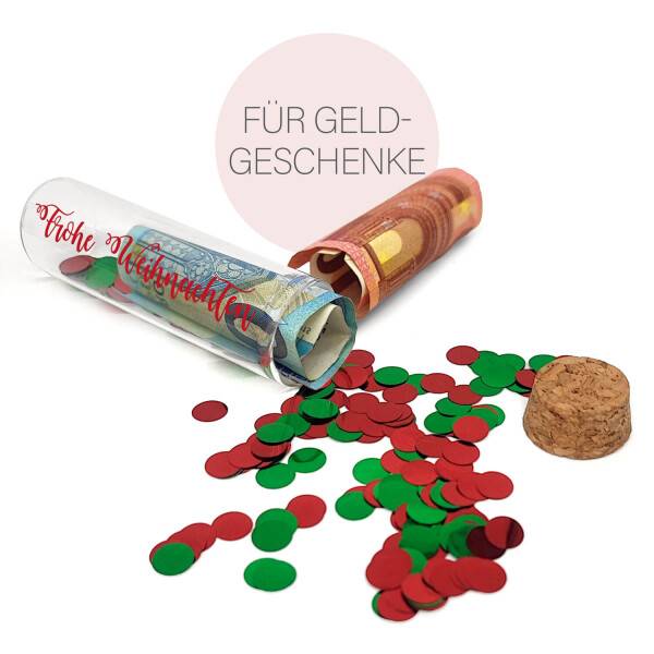 Mea Living Geldgeschenk Röhrchen "FROHE WEIHNACHTEN" Dunkelrot mit rot/grünem Konfetti Lagerräumung