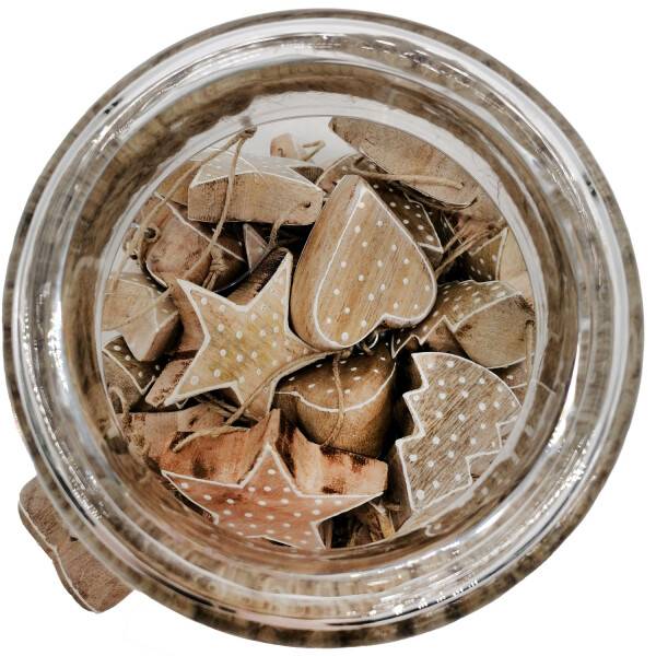 Mea Living Glas mit Holzanhängern klein 16x Stern, 16x Herz, 16x Baum, mit weißen Punkten Versandkostenfrei