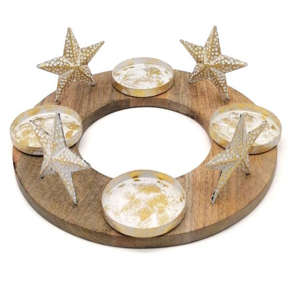 Mea Living Kerzenhalter Advent rund, Sterne, Holz+gold - 33cm - für Kerzen