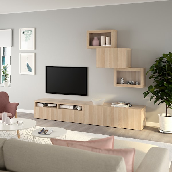 BESTÅ TV-Komb. mit Vitrinentüren, Eicheneff wlas/Lappviken weiß las/Eichenachb/Klargl, Fabrik Onlineshop