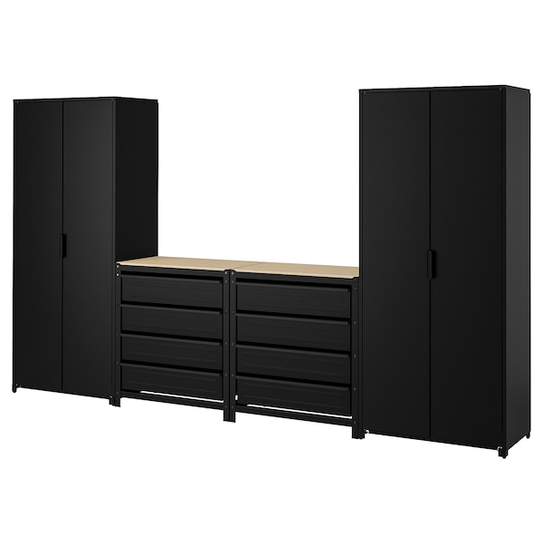 BROR Aufbew. mit Schrank/Werkbank, schwarz/Kiefersperrholz,
