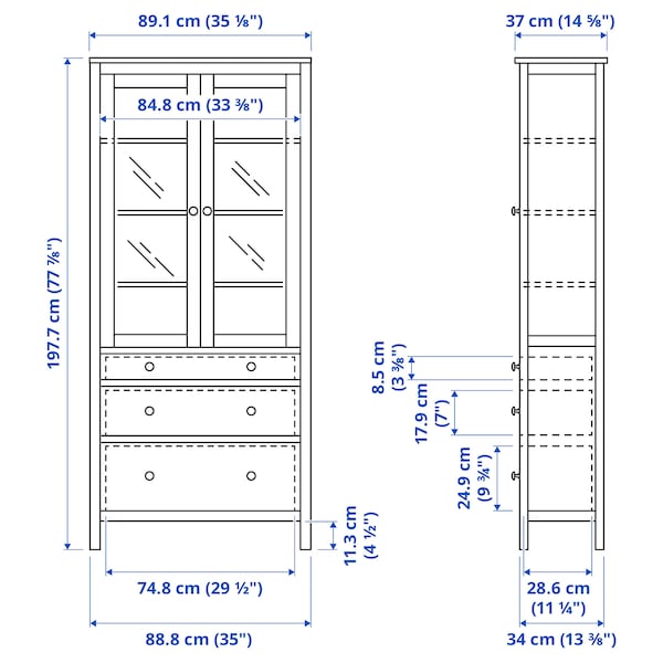HEMNES Vitrine mit 3 Schubladen, weiß gebeizt/hellbraun, Verkauf