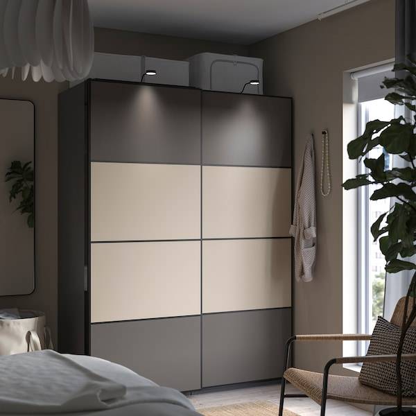 PAX / MEHAMN Kleiderschrank, doppelseitig dunkelgrau/graubeige, Auslauf