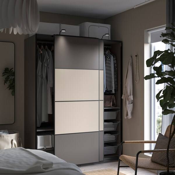 PAX / MEHAMN Kleiderschrank, doppelseitig dunkelgrau/graubeige, Auslauf