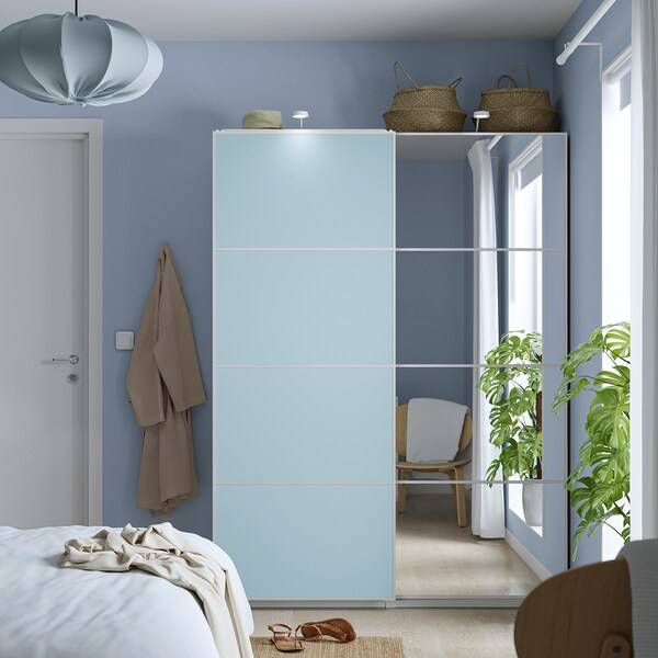 PAX / MEHAMN/AULI Kleiderschrank mit Schiebetüren, weiß doppelseitig/hellblau Spiegelglas, Verkauf