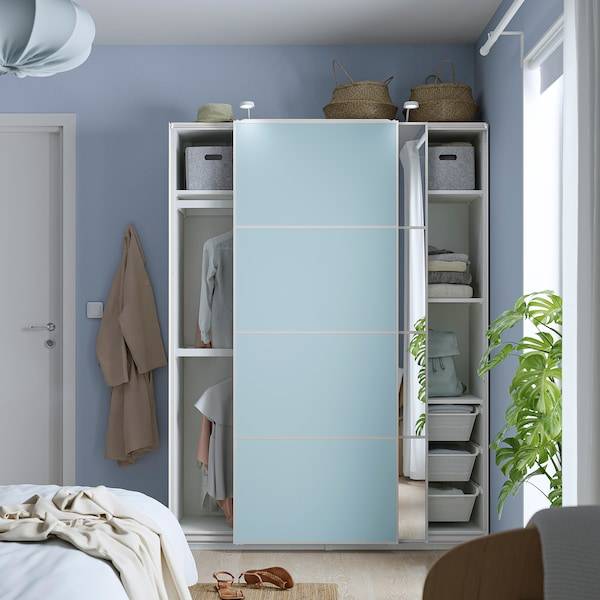 PAX / MEHAMN/AULI Kleiderschrank mit Schiebetüren, weiß doppelseitig/hellblau Spiegelglas, Verkauf