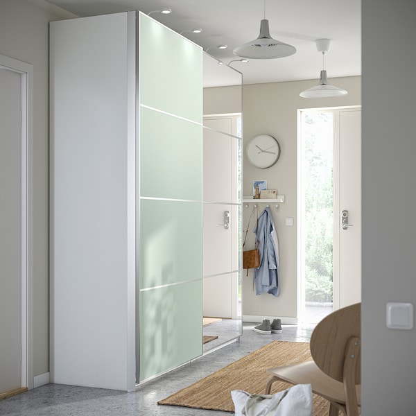 PAX / MEHAMN/AULI Kleiderschrank mit Schiebetüren, weiß doppelseitig/hellgrün Spiegelglas, Fabrikverkauf