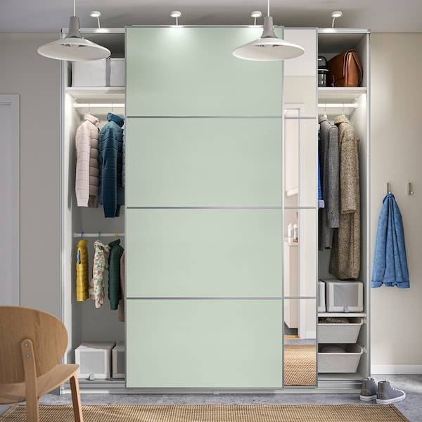 PAX / MEHAMN/AULI Kleiderschrank mit Schiebetüren, weiß doppelseitig/hellgrün Spiegelglas, Fabrikverkauf
