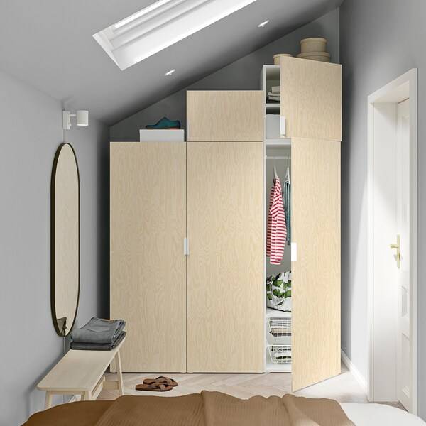 PLATSA Kleiderschrank mit 5 Türen, weiß/Kalbåden glänzende Kiefernachbildung, Kostenloser Versand
