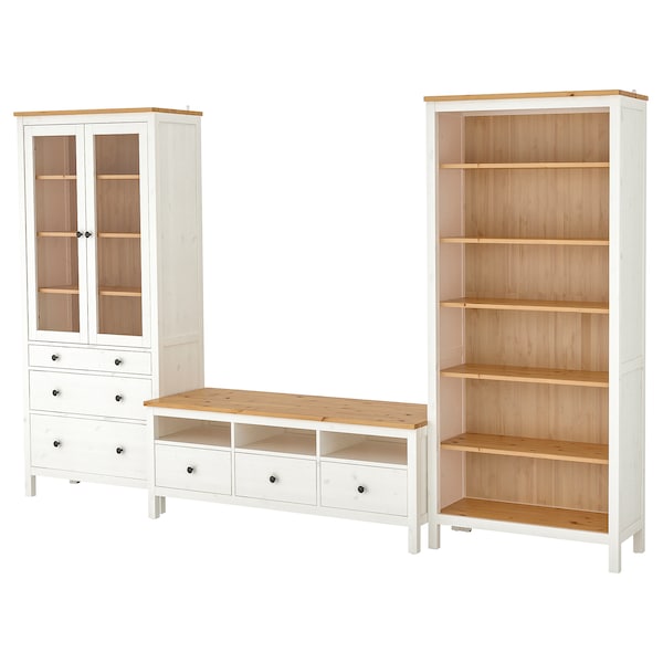 HEMNES TV-Möbel, Kombination, weiß gebeizt/hellbraun Klarglas,
