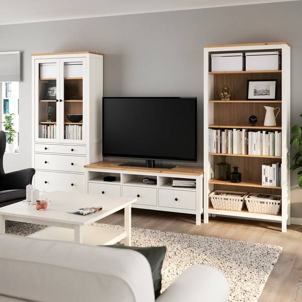 HEMNES TV-Möbel, Kombination, weiß gebeizt/hellbraun Klarglas, Zeitbegrenzte Promotion