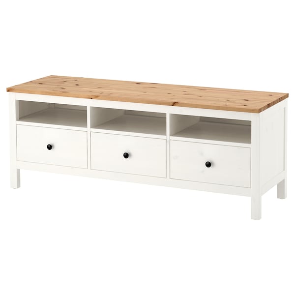 HEMNES TV-Bank, weiß gebeizt/hellbraun,