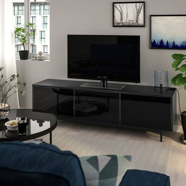 RANNÄS TV-Bank mit Türen, schwarz/schwarz Glas, Rabatt