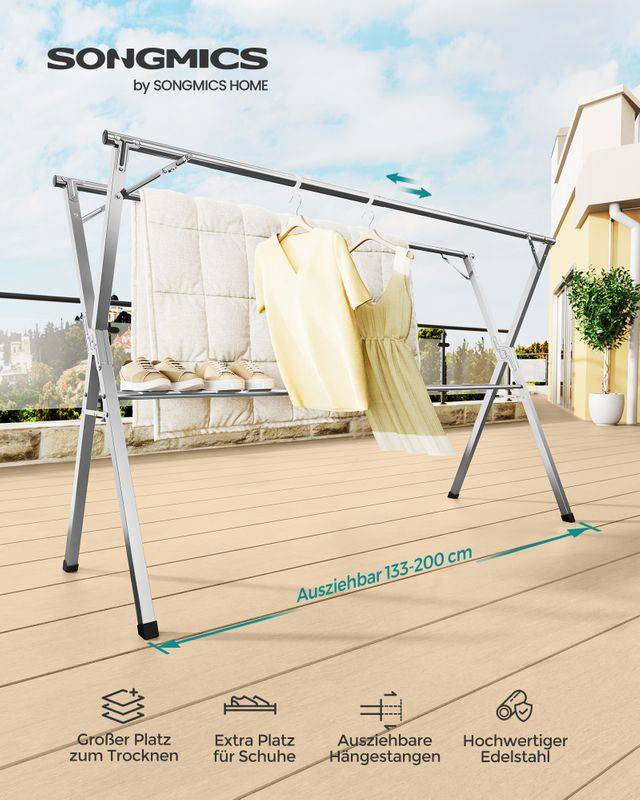 Songmics SONGMICS Wäscheständer 133-200 cm ausziehbar und freistehend Outlet