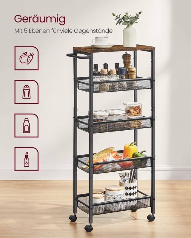 Songmics VASAGLE Rollwagen 5 Ebenen schmal vintagebraun-schwarz Osterangebot