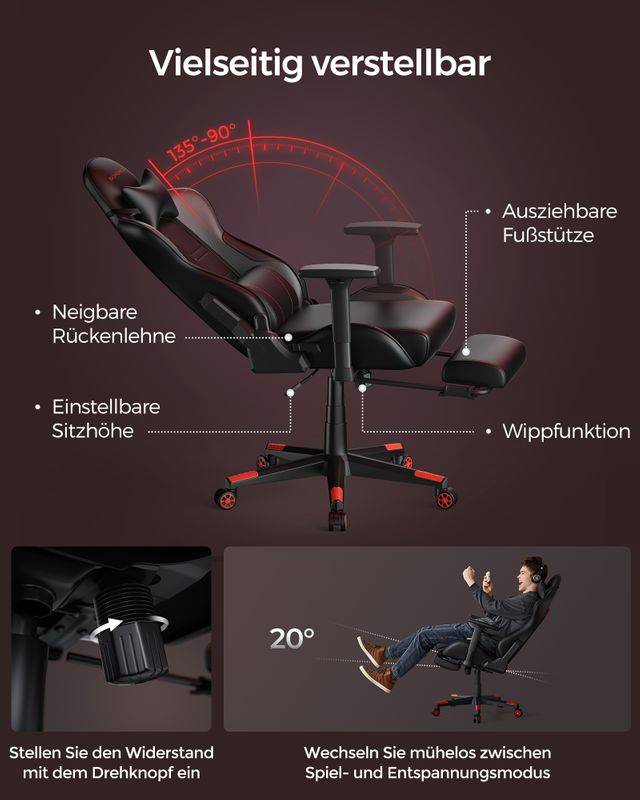 Songmics SONGMICS Bürostuhl ergonomisch Armlehnen Kopfkissen schwarz-rot Auslauf