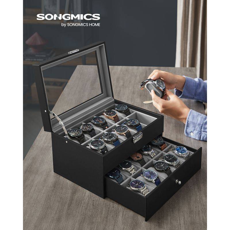 Songmics SONGMICS Uhrenbox 2 Ebenen mit Glasdeckel und herausnehmbaren Uhrenkissen Outlet