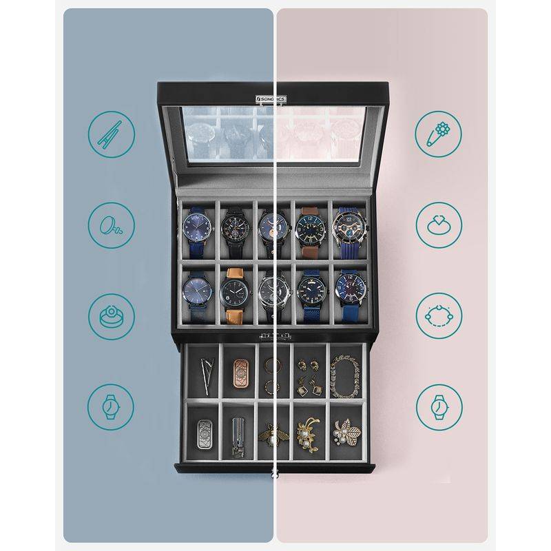 Songmics SONGMICS Uhrenbox 2 Ebenen mit Glasdeckel und herausnehmbaren Uhrenkissen Outlet