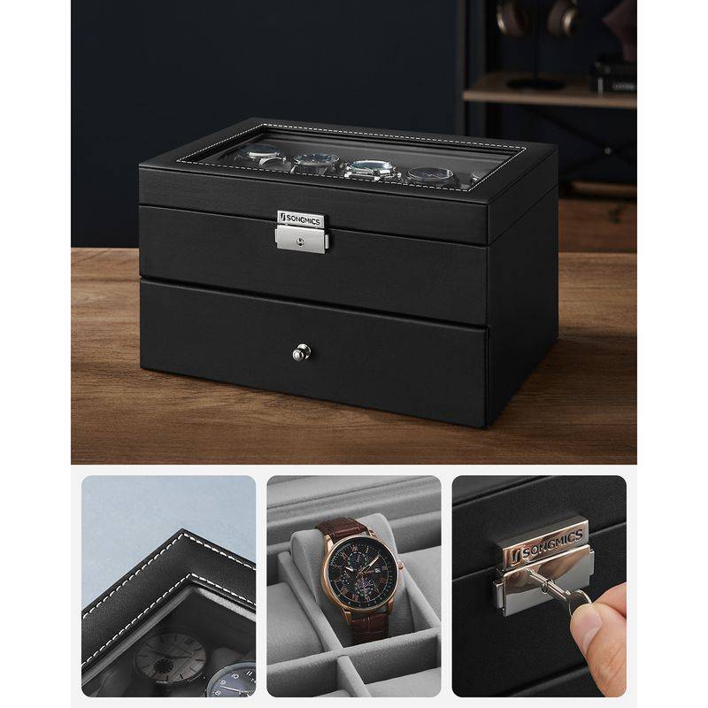 Songmics SONGMICS Uhrenbox 2 Ebenen mit Glasdeckel und herausnehmbaren Uhrenkissen Outlet