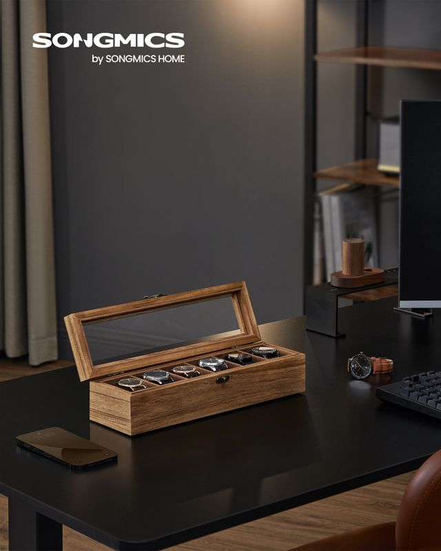 Songmics SONGMICS Uhrenbox 6 Fächer aus Massivholz mit Glasdeckel walnussfarben Auslauf