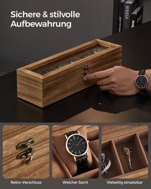 Songmics SONGMICS Uhrenbox 6 Fächer aus Massivholz mit Glasdeckel walnussfarben Auslauf