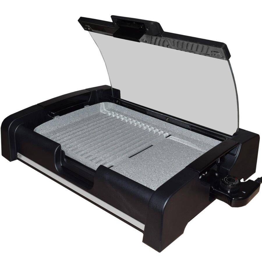 Syntrox Germany Plancha mit Glasdeckel Strivasa Grillplatte Elektrogrill Tischgrill